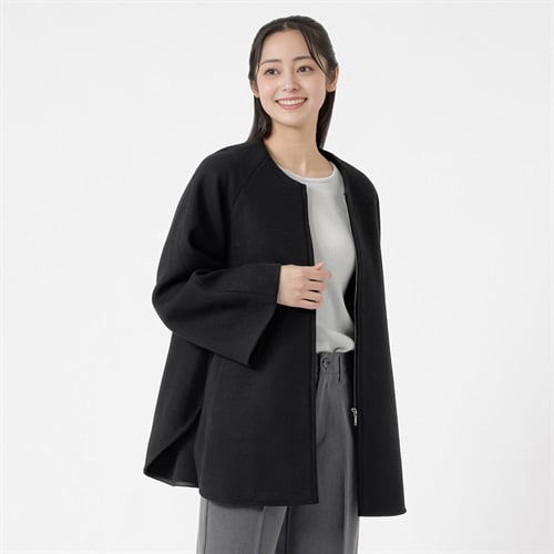 ウールライク ノーカラージップラグランスリーブコート レディス Purelast(ピュアラスト) 267PL504CT(クロ-M)