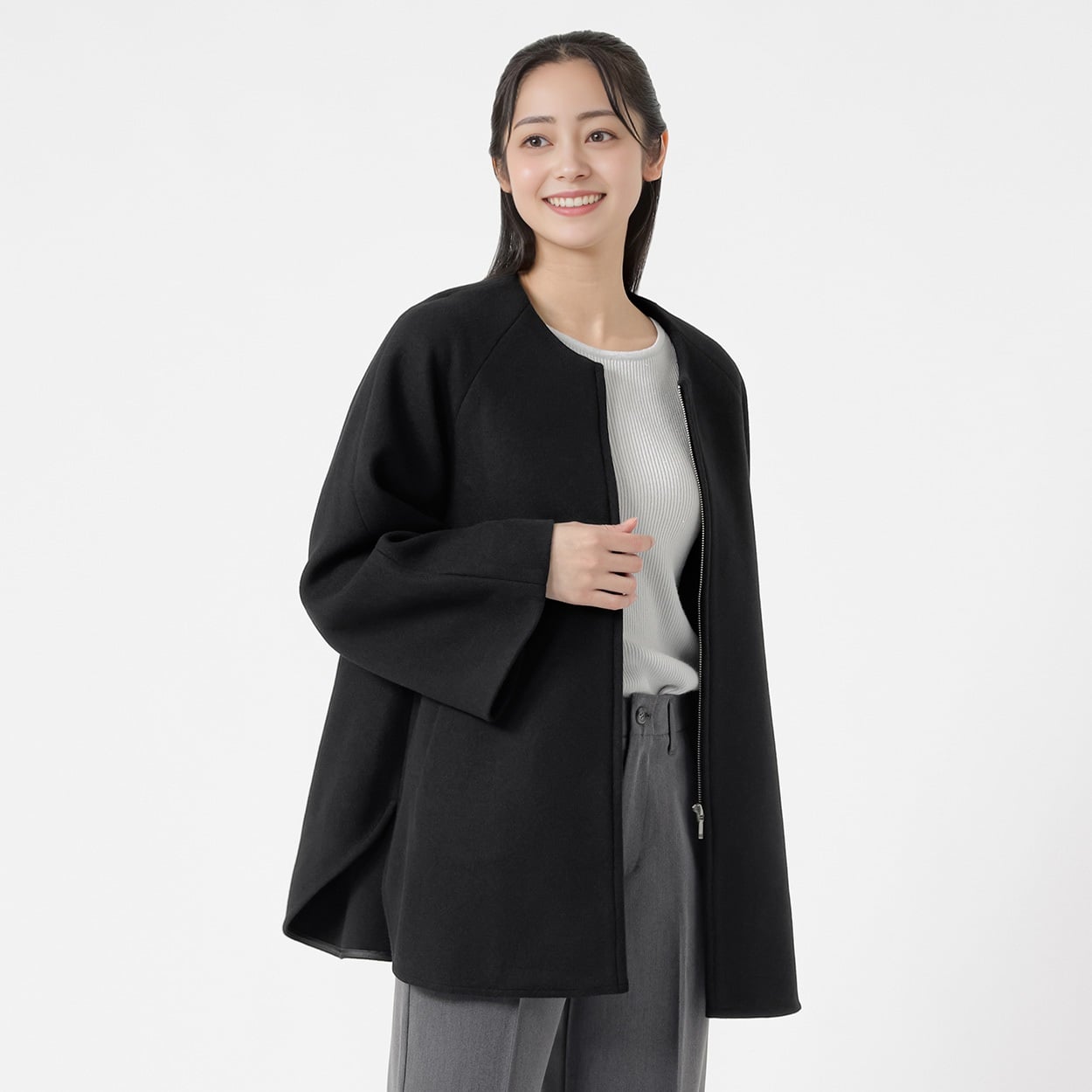 ウールライク ノーカラージップラグランスリーブコート レディス Purelast(ピュアラスト) 267PL504CT(クロ-XL)