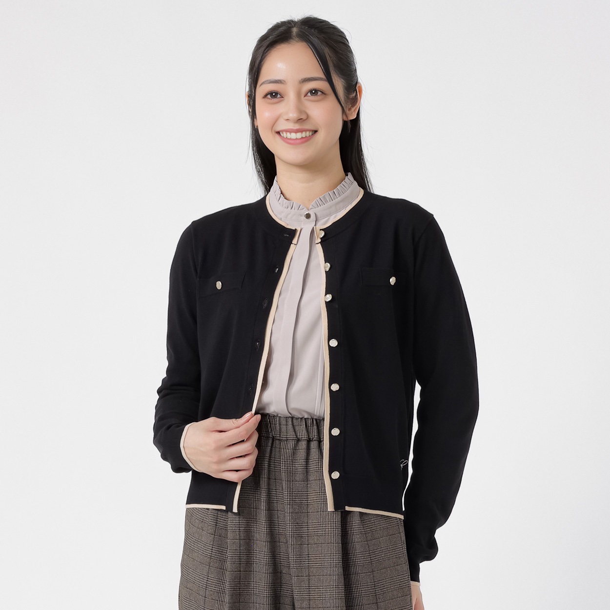 配色クルーネック カーディガン レディス EMMA JAMES(エマジェイムス) 267EM817TH(クロ-XL)
