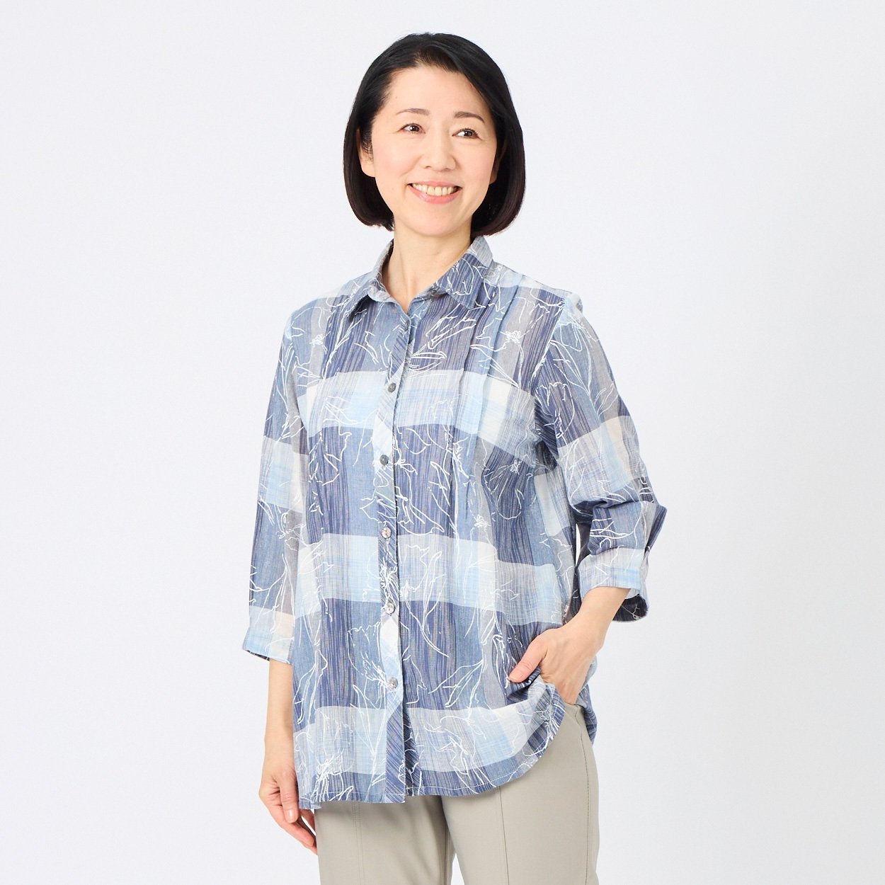 【美品】DAMA リネン100% 長袖シャツ 羽織 9号 光沢 さらふわりシャツ 68丈カスリチェック羽織りシャツ レディス 着