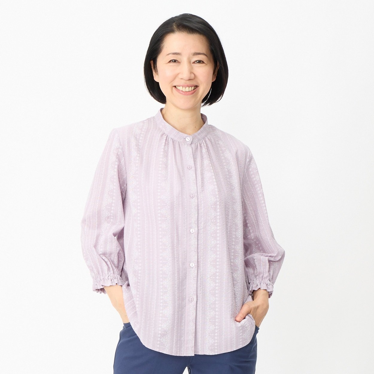 美品♪オーラリー バンドカラーシャツ 長袖 くすみピンク サイズ0 pv1 さらふわりシャツ 62丈バンドカラーレース調プリント7分袖