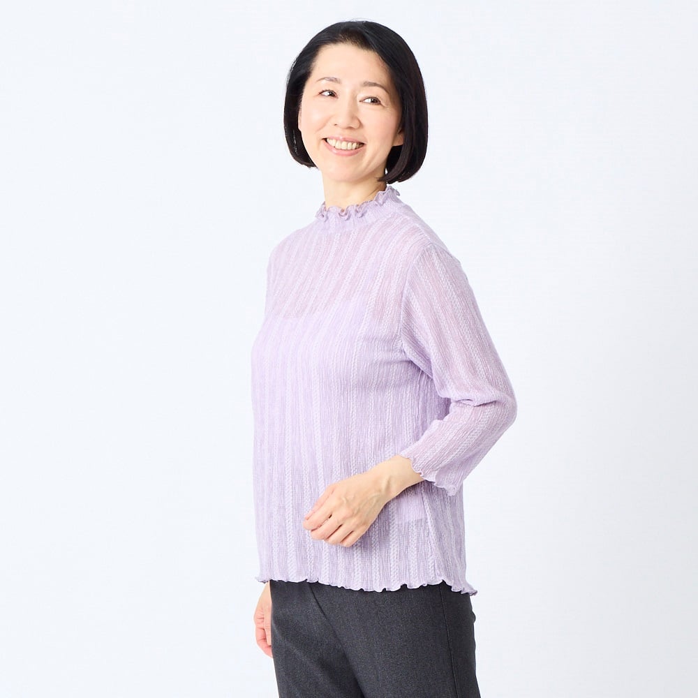 【美品】プランテーション　七分袖カットソー・yooryuu (楊柳)・ヨーリュウ カットソー 富山素材 リヨセル楊柳ストライプ柄 レディス 着楽美