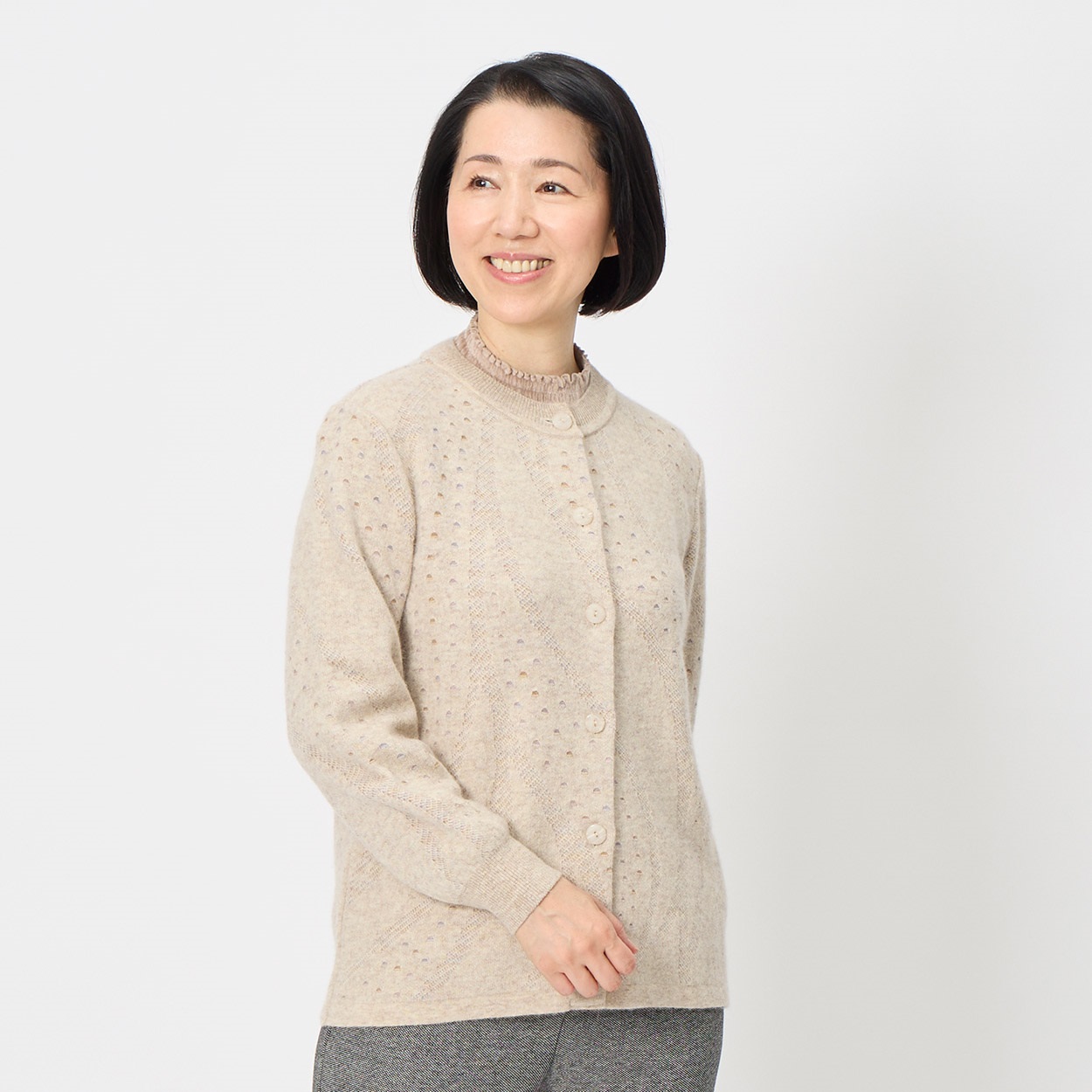 カーディガン 日本製新潟ニット アンゴラ混 曲線柄 レディス 着楽美