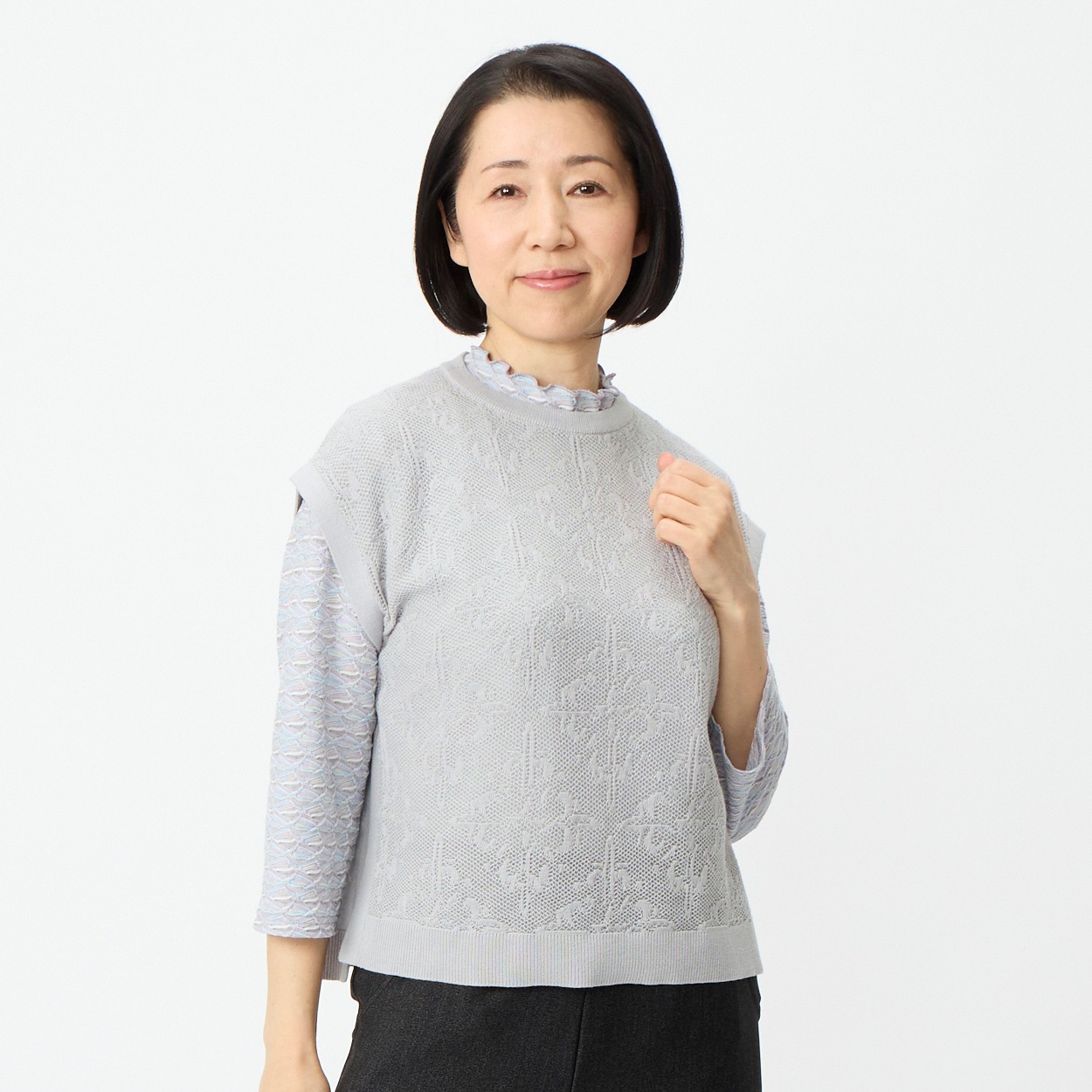 ニットベスト 前身ジャガード レディス 着楽美(きらび) FU-5974
