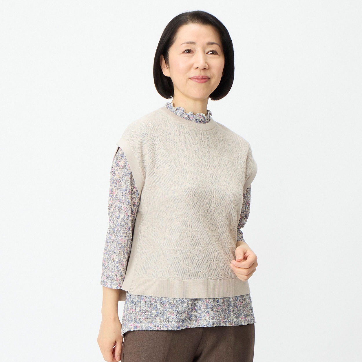 ニットベスト 前身ジャガード レディス 着楽美(きらび) FU-5974