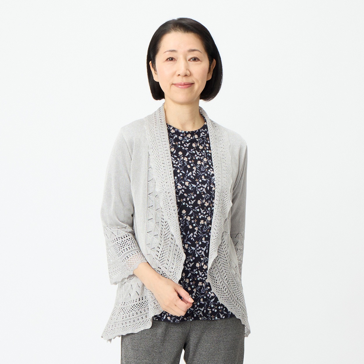 カーディガン 前立て透かし レディス 着楽美(きらび) CPN-460297(ウスクロ-XL)