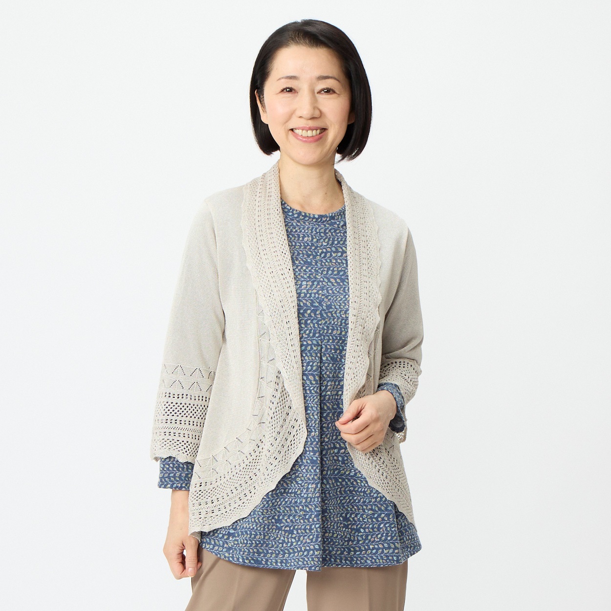 カーディガン 前立て透かし レディス 着楽美(きらび) CPN-460297(ウスチャ-XL)