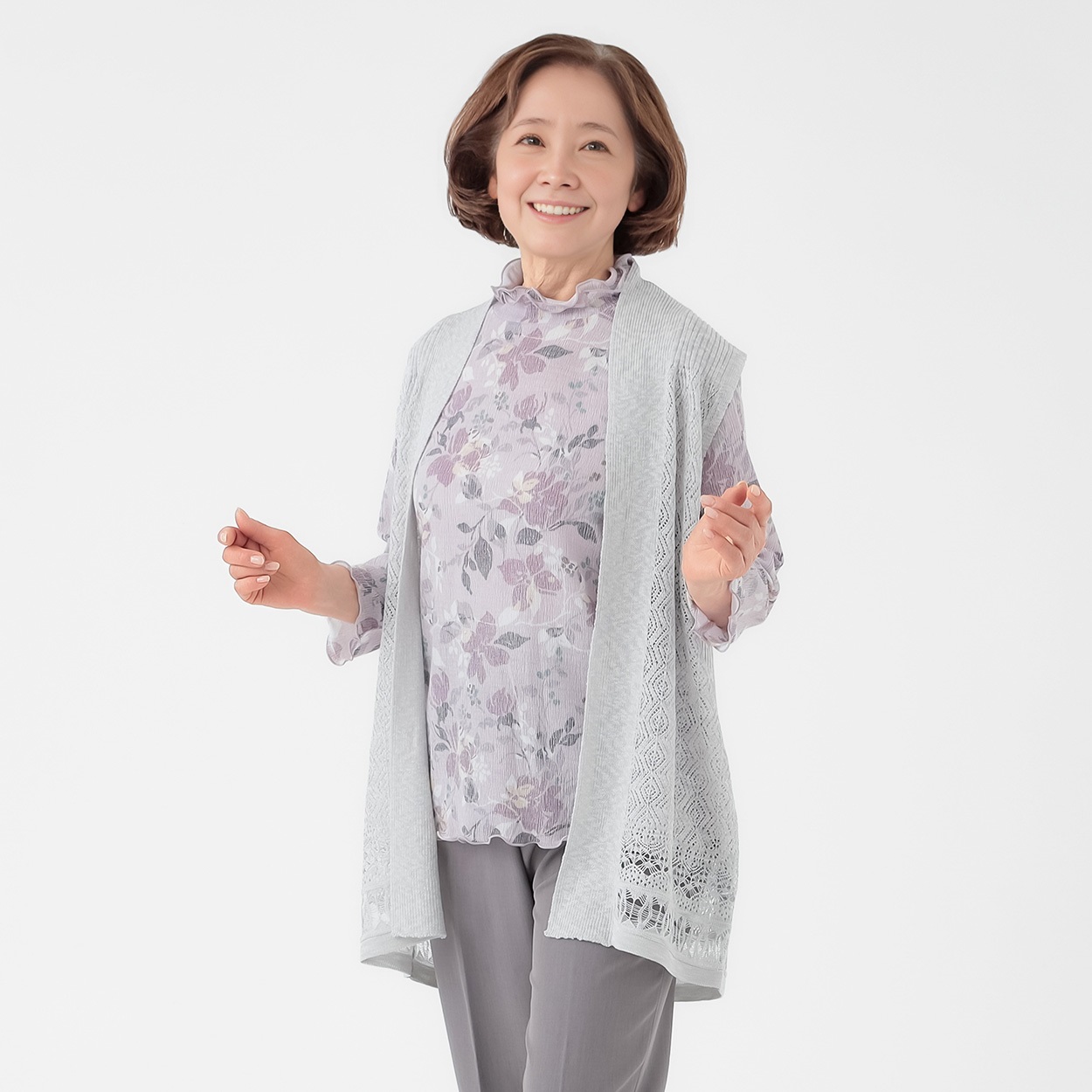美品✨️Resurrection　レザレクション　ブルゾンニット切替　L　グレー ジレ シアースラブ透かしうしろ切り替え レディス 着楽美(きらび) CPN