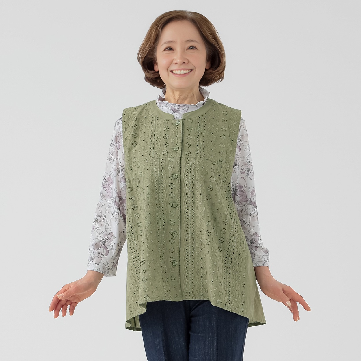 ベスト  コットン100％ レース刺繡入り レディス 着楽美(きらび) IN-602910Y(ウスミドリ-L)