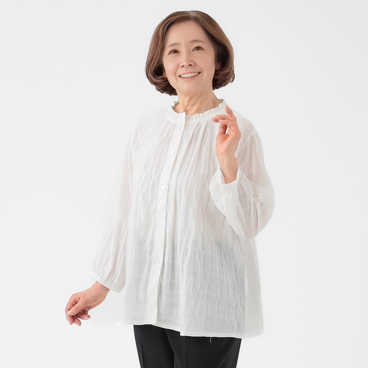 さらふわりシャツ パナマドビーフリル7分袖 レディス 着楽美(きらび) FU-5977(シロ-M)
