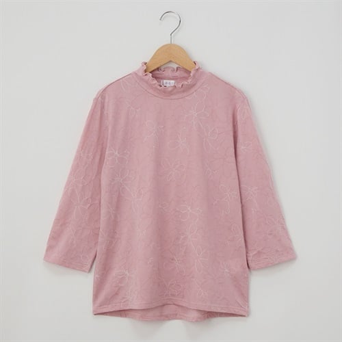 日本製カットソー 花柄刺繍風 7分袖 レディス 着楽美(きらび) CPN-679781AB