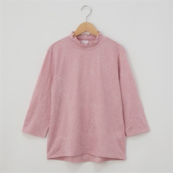 日本製カットソー 花柄刺繍風 7分袖 レディス 着楽美(きらび) CPN-679781AB(ウスアカ-S)