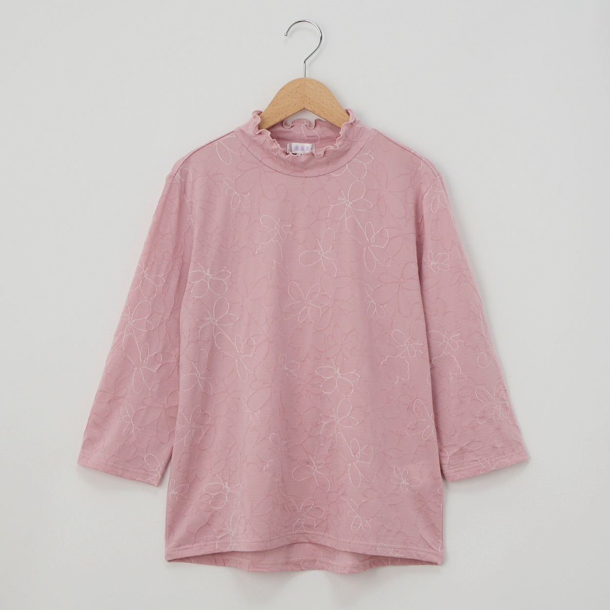 日本製カットソー 花柄刺繍風 7分袖 レディス 着楽美(きらび) CPN-679781AB(ウスアカ-XL)