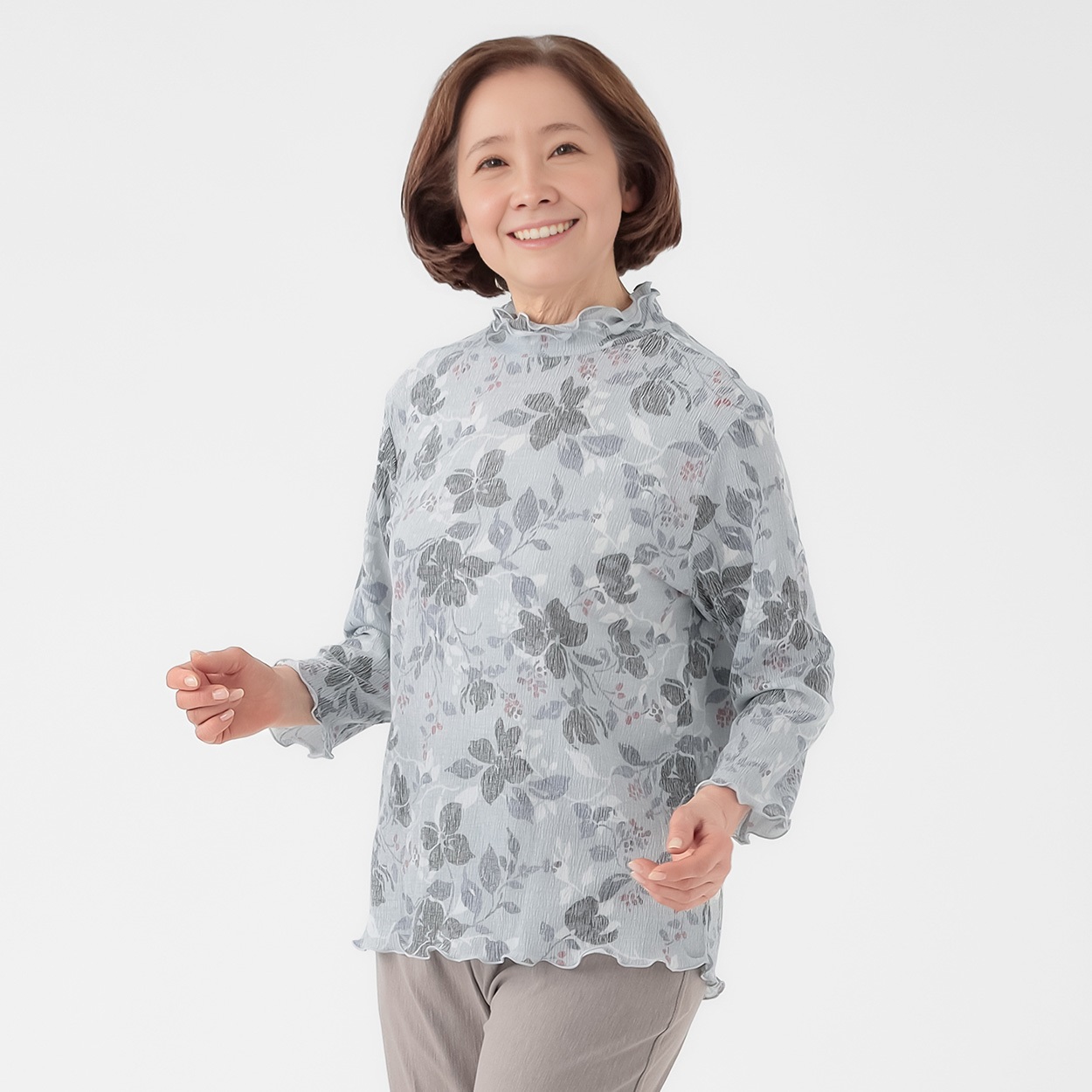 日本製カットソー 花柄 楊柳素材7分袖 レディス 着楽美(きらび) CPN-679787AB(ウスクロ-L)