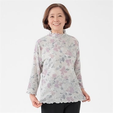 日本製カットソー 花柄 楊柳素材7分袖 レディス 着楽美(きらび) CPN-679787AB(ウスチャ-S)