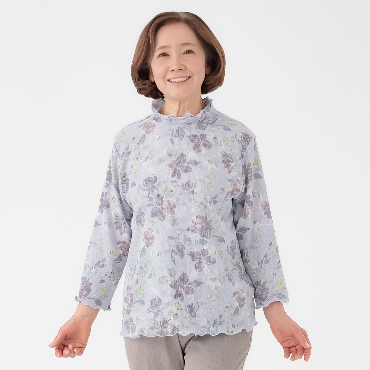 日本製カットソー 花柄 楊柳素材7分袖 レディス 着楽美(きらび) CPN-679787AB(ウスムラサキ-S)