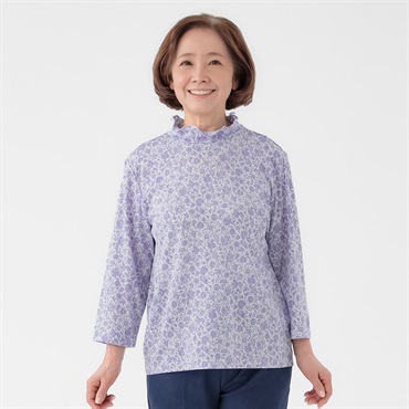 日本製カットソー 小花柄 リヨセル綿素材7分袖 レディス 着楽美(きらび) CPN-679789AB(ウスムラサキ-S)