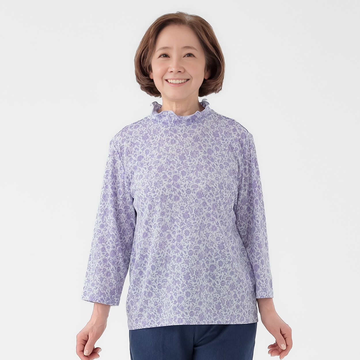 日本製カットソー 小花柄 リヨセル綿素材7分袖 レディス 着楽美(きらび) CPN-679789AB(ウスムラサキ-S)