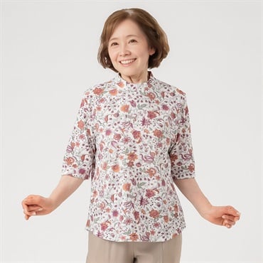 カットソー 小花柄 強燃糸使用 5分袖ハイネック レディス 着楽美(きら