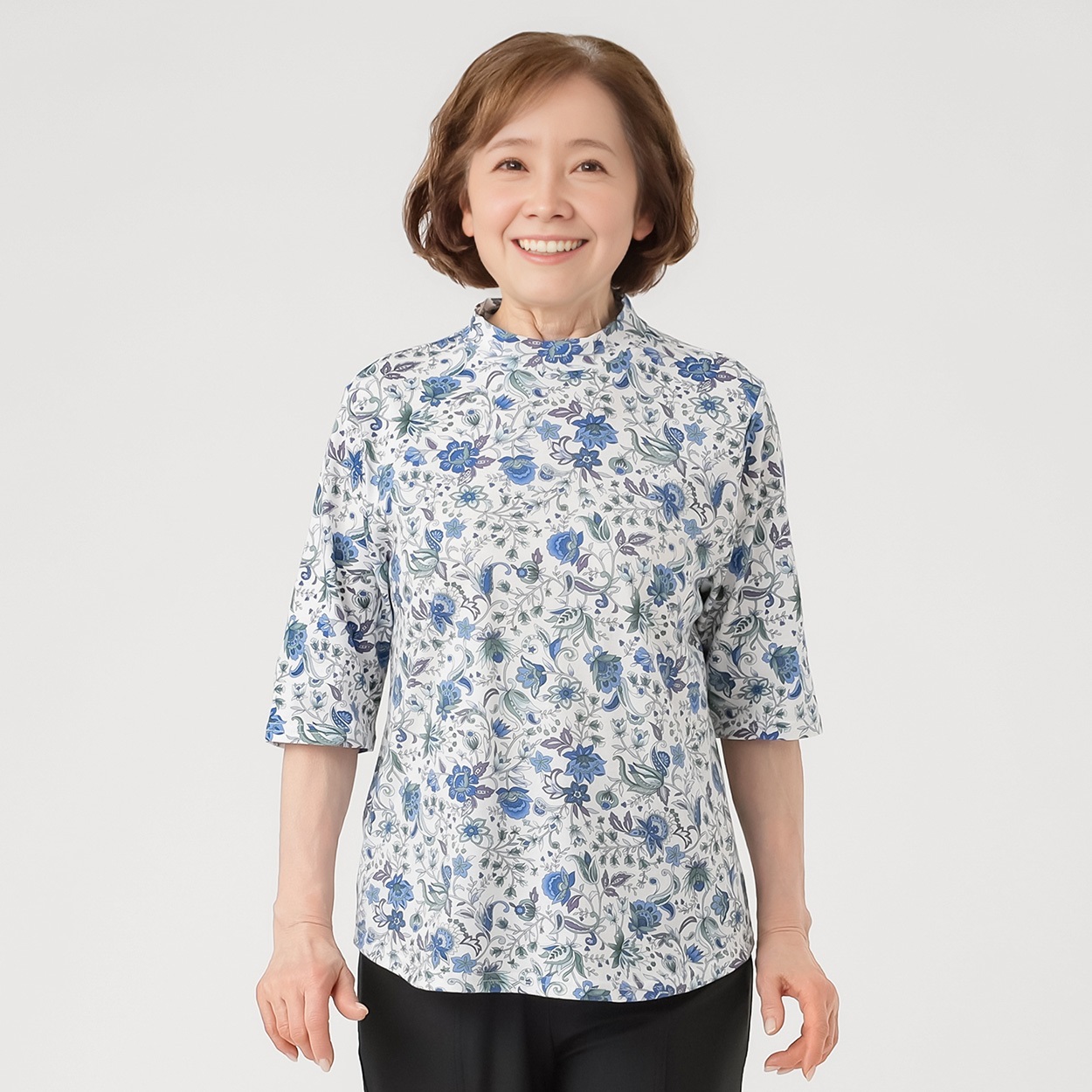 カットソー 小花柄 強燃糸使用 5分袖ハイネック レディス 着楽美(きら