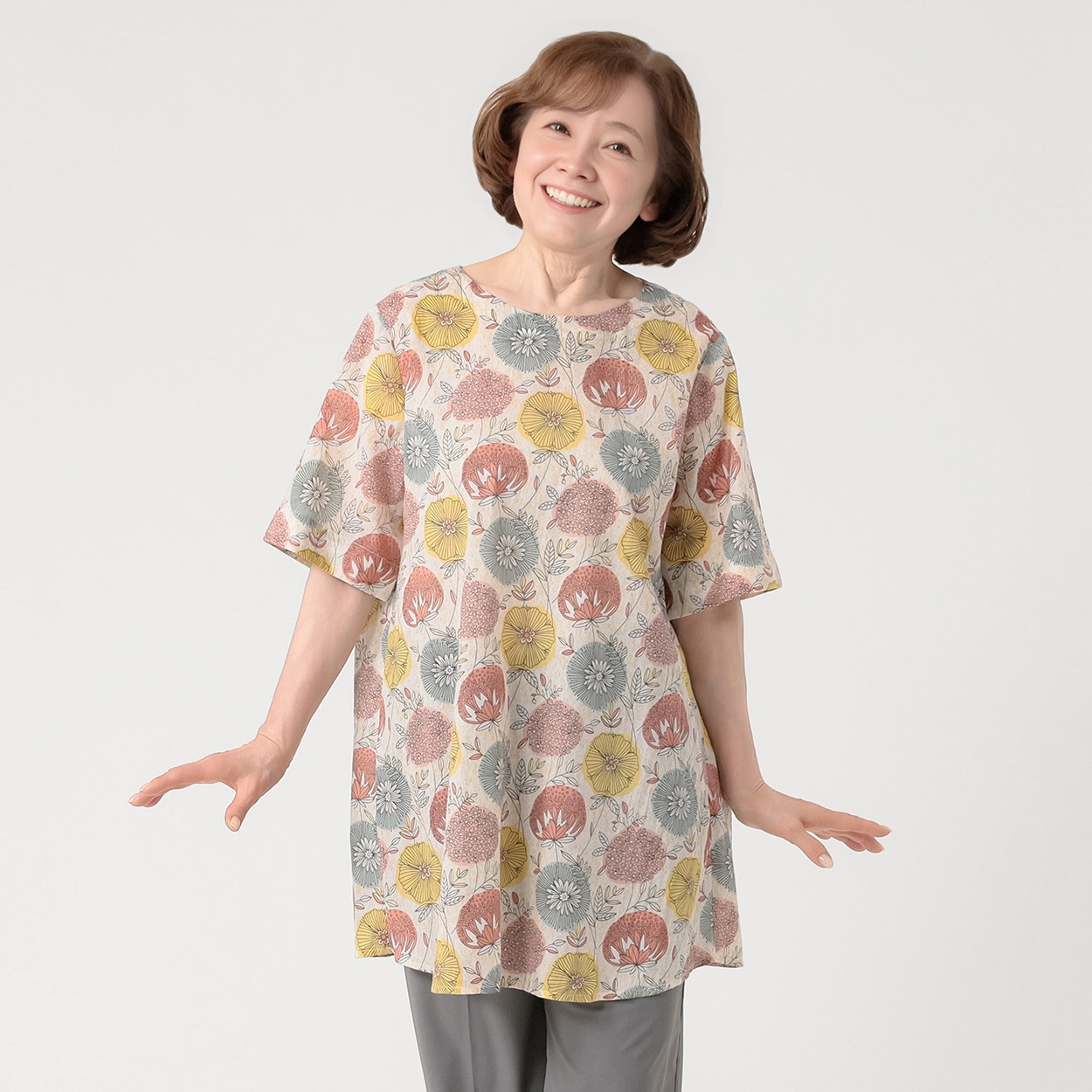 チュニック 綿ボイル 花柄 レディス 着楽美(きらび) JE-261849B(ピンク-L)