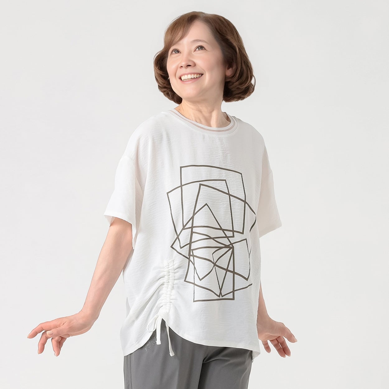 Tシャツ ドロスト付き幾何柄プリント レディス 着楽美(きらび) JE