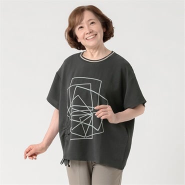 Tシャツ ドロスト付き幾何柄プリント レディス 着楽美(きらび) JE-261850B(クロ-S)
