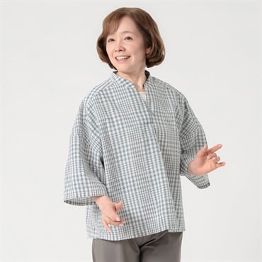 プルオーバー サッカー生地チェック柄7分袖 レディス 着楽美(きらび) FU-5988(ウスアオ-S)
