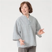 プルオーバー サッカー生地チェック柄7分袖 レディス 着楽美(きらび) FU-5988(ウスアオ-S)