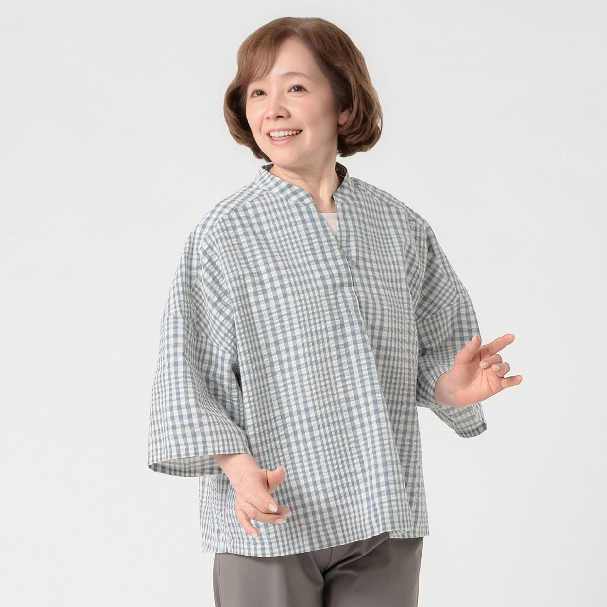 プルオーバー サッカー生地チェック柄7分袖 レディス 着楽美(きらび) FU-5988(ウスアオ-XL)