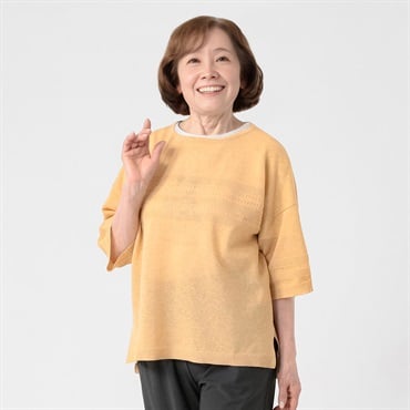 プルオーバー 胸ボーダーサマーニット5分袖 レディス 着楽美(きらび
