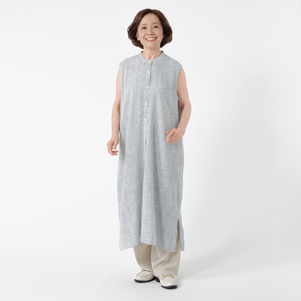 涼やかワンピース 前開きノースリーブ レディス 着楽美(きらび) FU-5992(アオ-M)