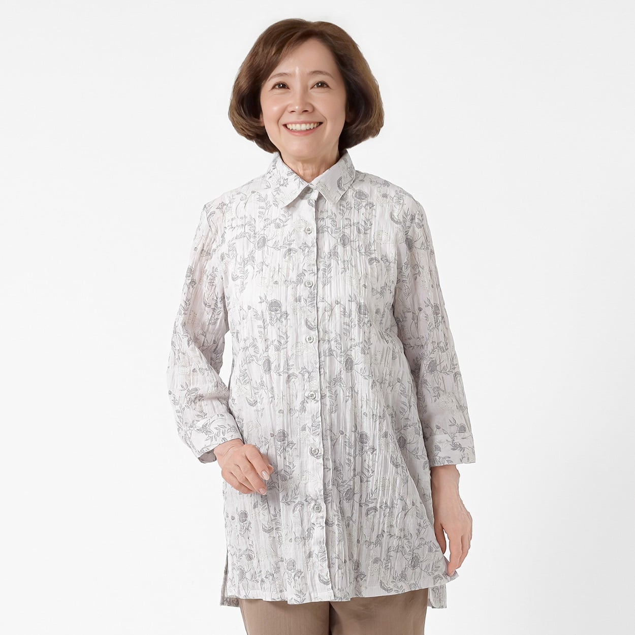 羽織シャツ 更科プリント7分袖 レディス 着楽美(きらび) FU-1046-N(ウスアカ-XL)