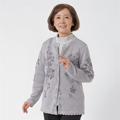 日本製ニットカーディガン 格子花がら レディス 着楽美(きらび) AP-6715852(ウスムラサキ-S)