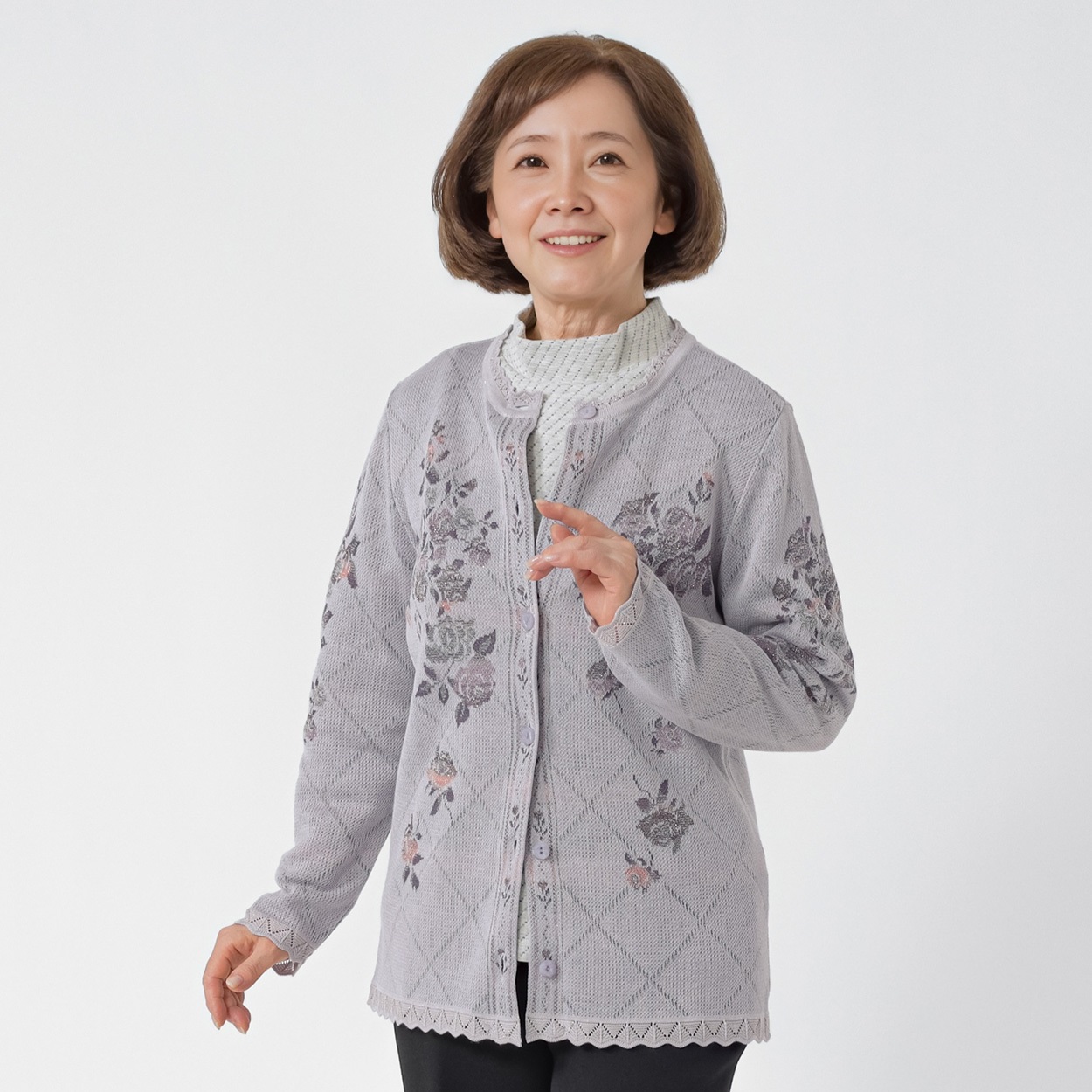 日本製ニットカーディガン 格子花がら レディス 着楽美(きらび) AP-6715852(ウスムラサキ-S)