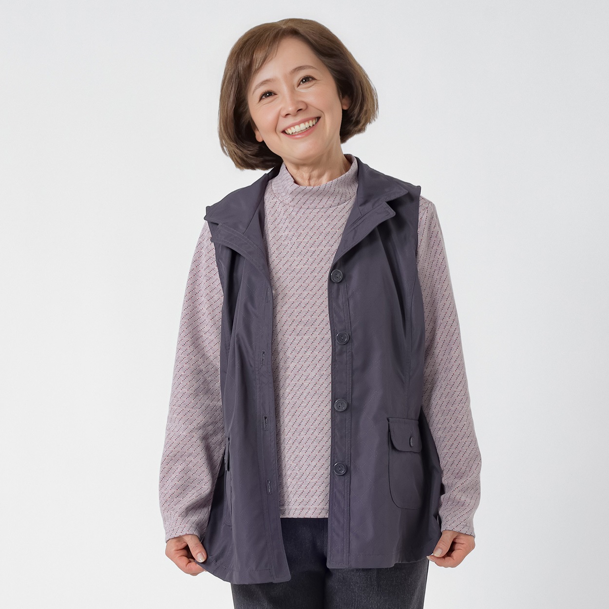 ベスト 62丈 ピンソニック柄・裏プリント レディス 着楽美(きらび) JE-263865B(コイムラサキ-XL)