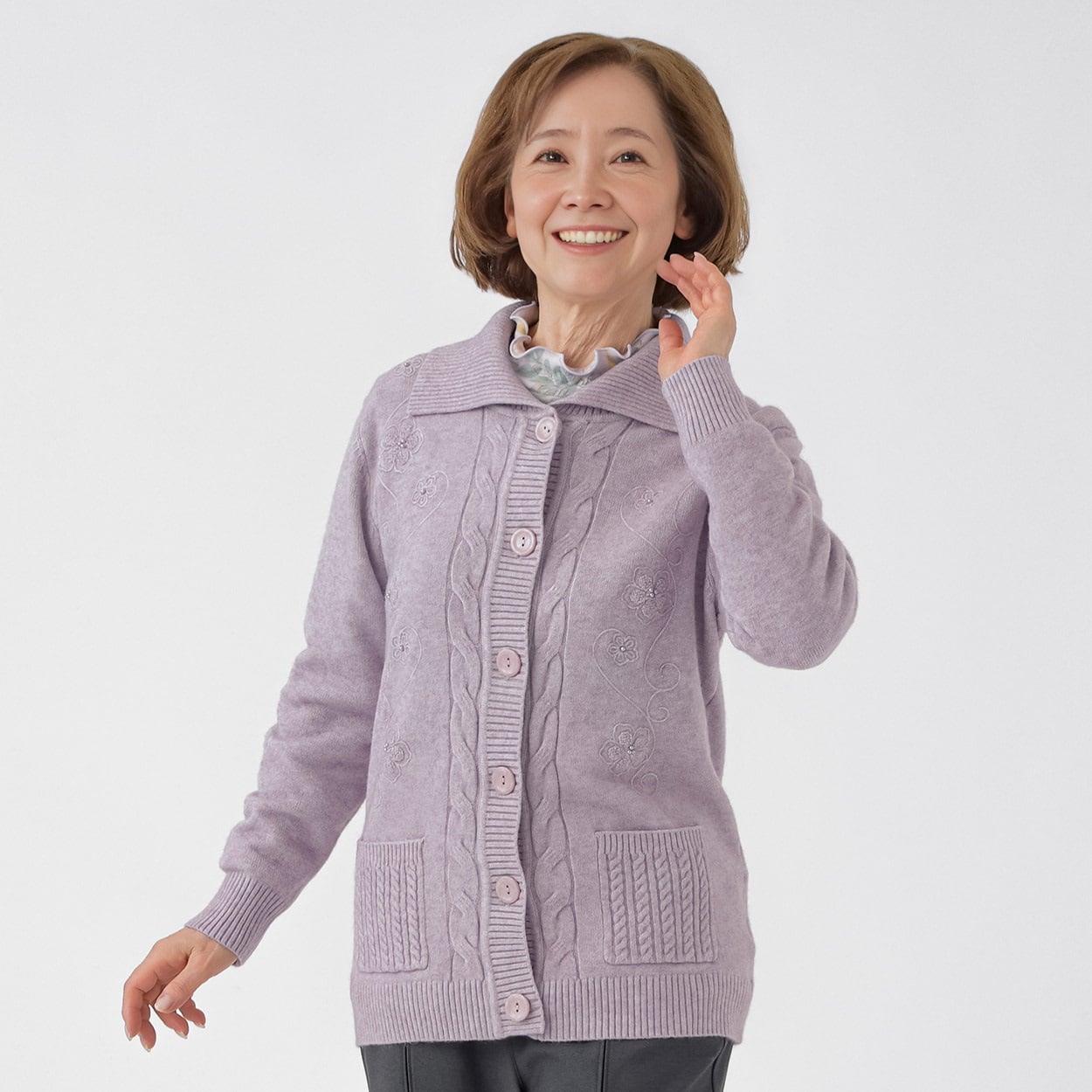 もちもちニット カーディガン 衿付き レディス 着楽美(きらび) IN-261745YA(ウスアカ-XL)