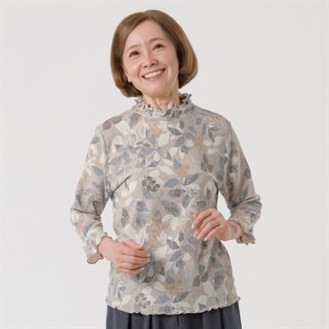 日本製カットソー 富山 楊柳素材線リーフ柄 7分袖 レディス 着楽美(きらび) CPN-679812AB(ウスチャ-S)