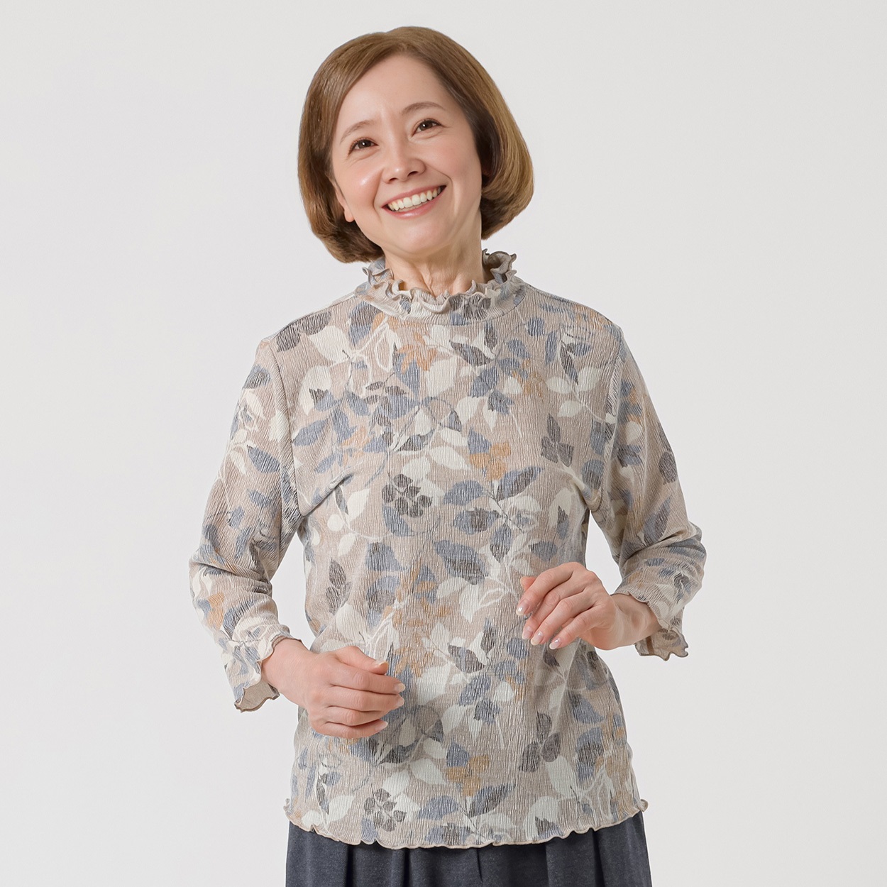 日本製カットソー 富山 楊柳素材線リーフ柄 7分袖 レディス 着楽美(きらび) CPN-679812AB(ウスチャ-XL)