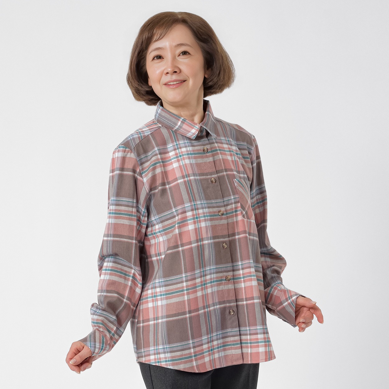 シャツ 62丈 チェック起毛シャツ レディス 着楽美(きらび) FU-1066-N(ウスアカ-M)