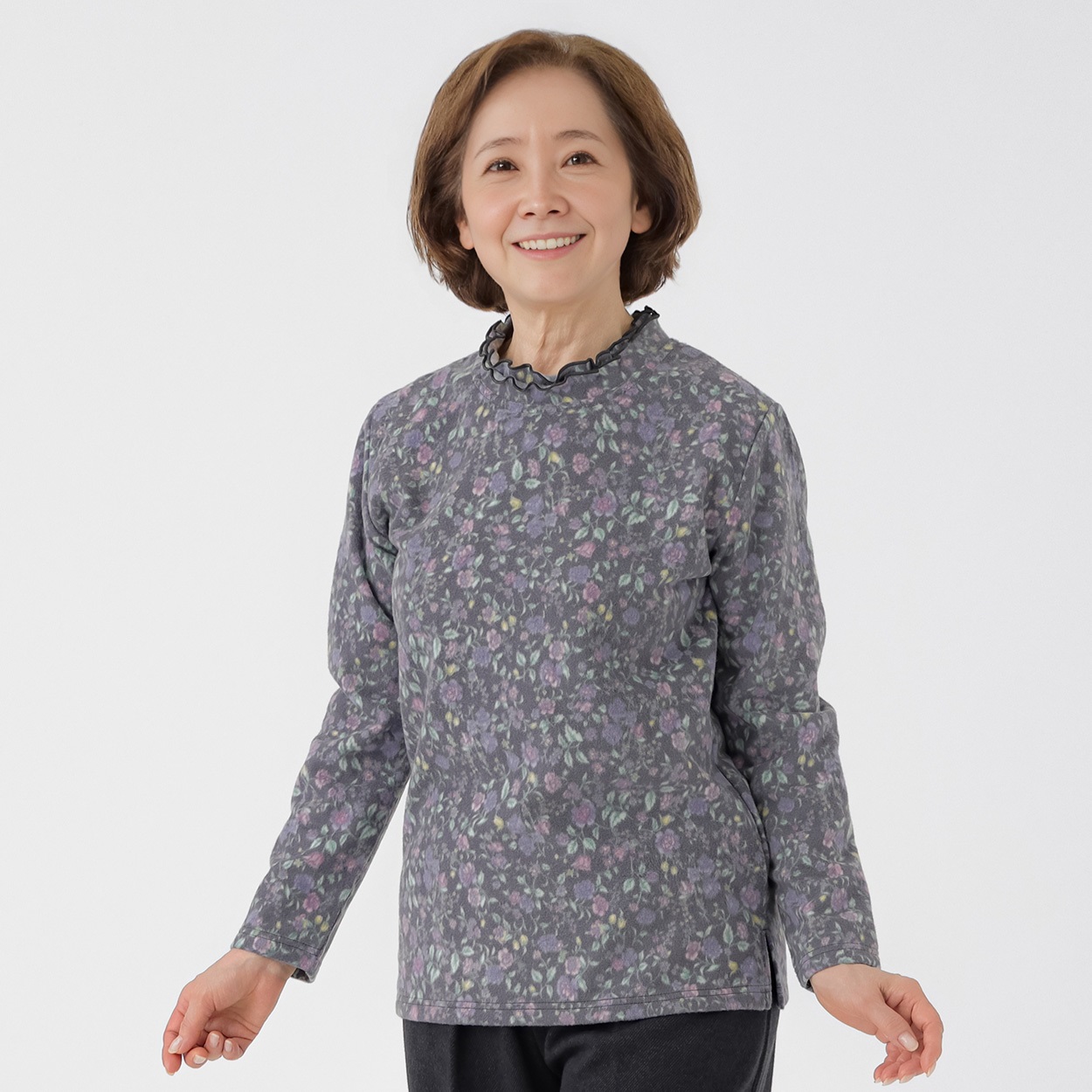 カットソー 起毛小花がら メロウ衿 レディス 着楽美(きらび) IN-364537Y(チャコ－ルグレ－-S)