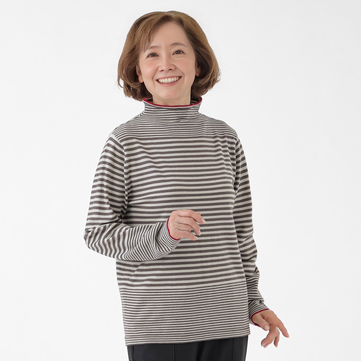 カットソー ボトルネック衿配色ボーダー レディス 着楽美(きらび) IN-261955Y-N(Ａチャ-L)