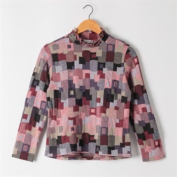 日本製カットソー ブロック幾何柄 レディス 着楽美(きらび) CPN-679800AB(ウスアカ-S)