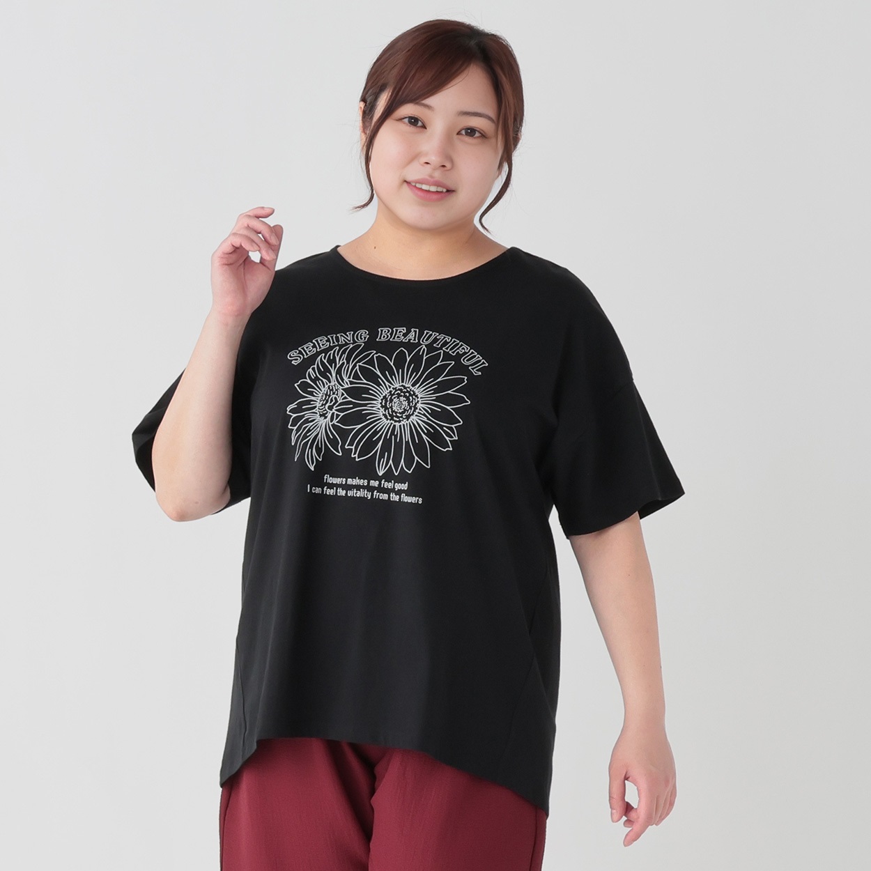 オーガニックコットン後ろタック花プリントTシャツ レディス