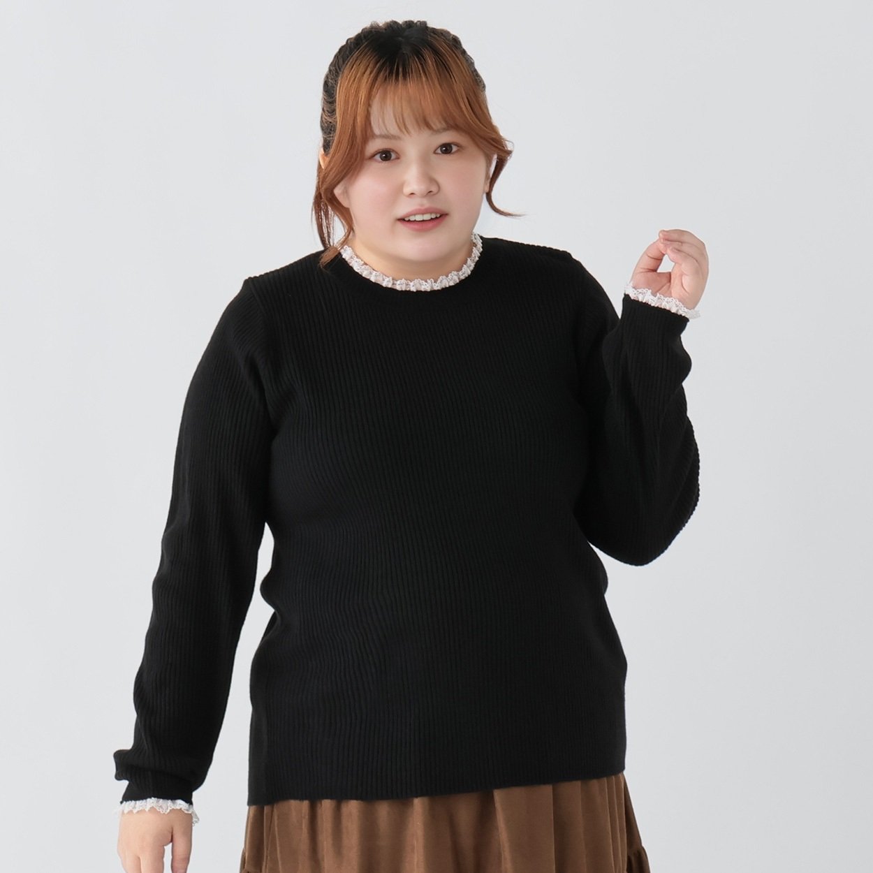 shiOri様5点❤️A11157 rienda♡ほぼ未使用 スクエアニットリブ レース使いリブニットプルオーバー レディス ぽっちゃりサイズのnoannu