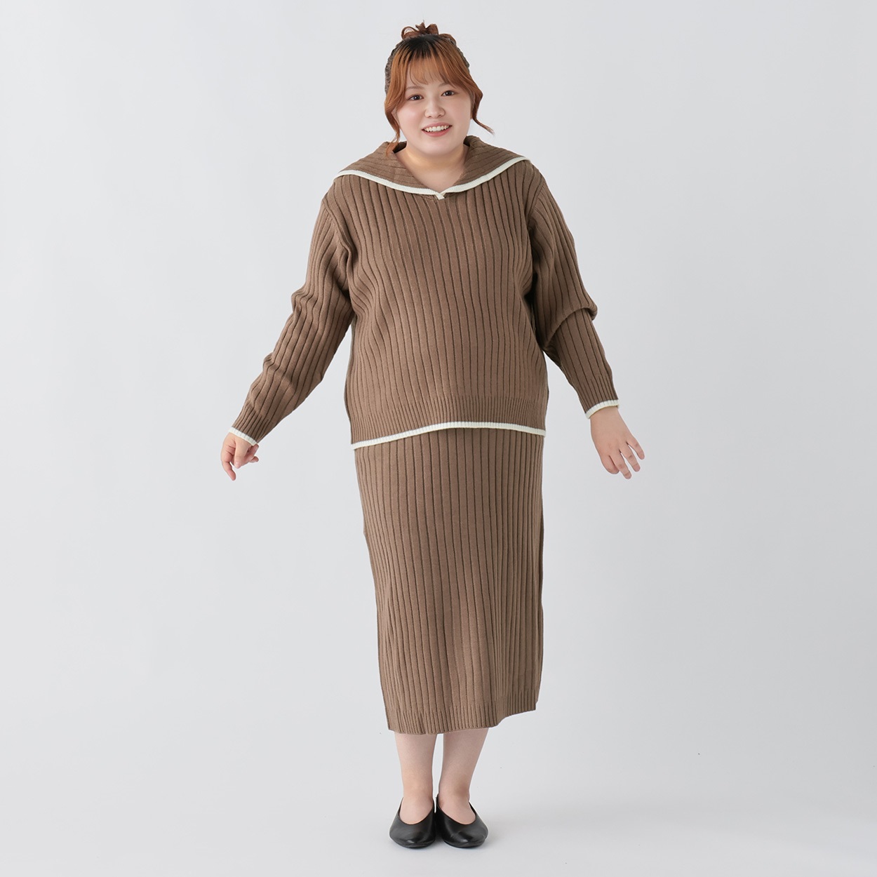 セーラー衿ニットセットアップ レディス ぽっちゃりサイズの