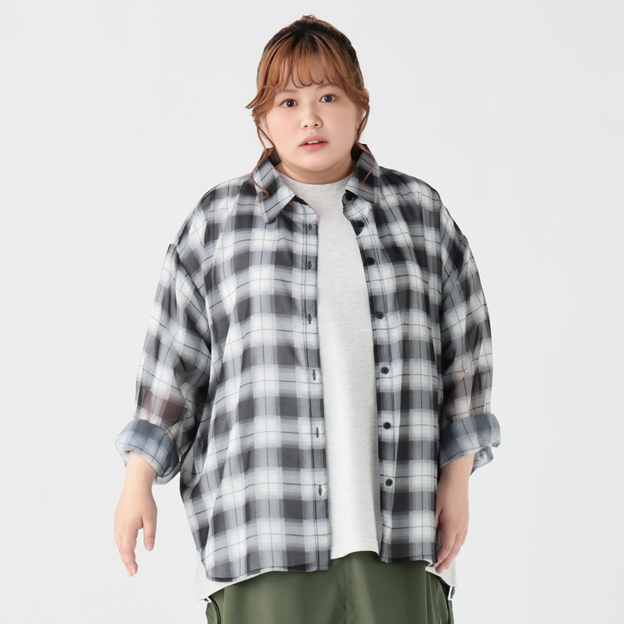 シアーチェックシャツ レディス ぽっちゃりサイズのnoannu