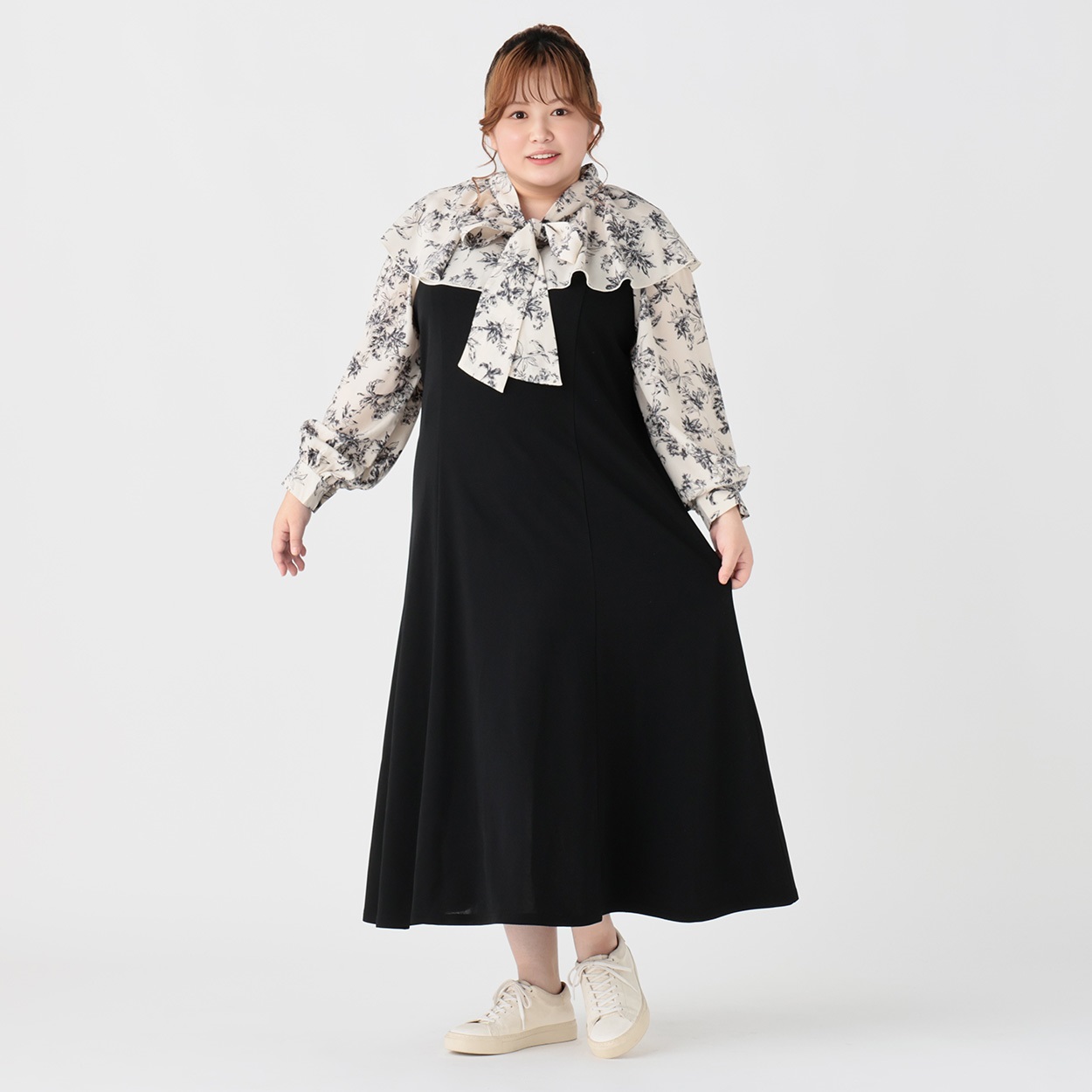 ラッフル襟ドッキングワンピース レディス ぽっちゃりサイズのnoannu