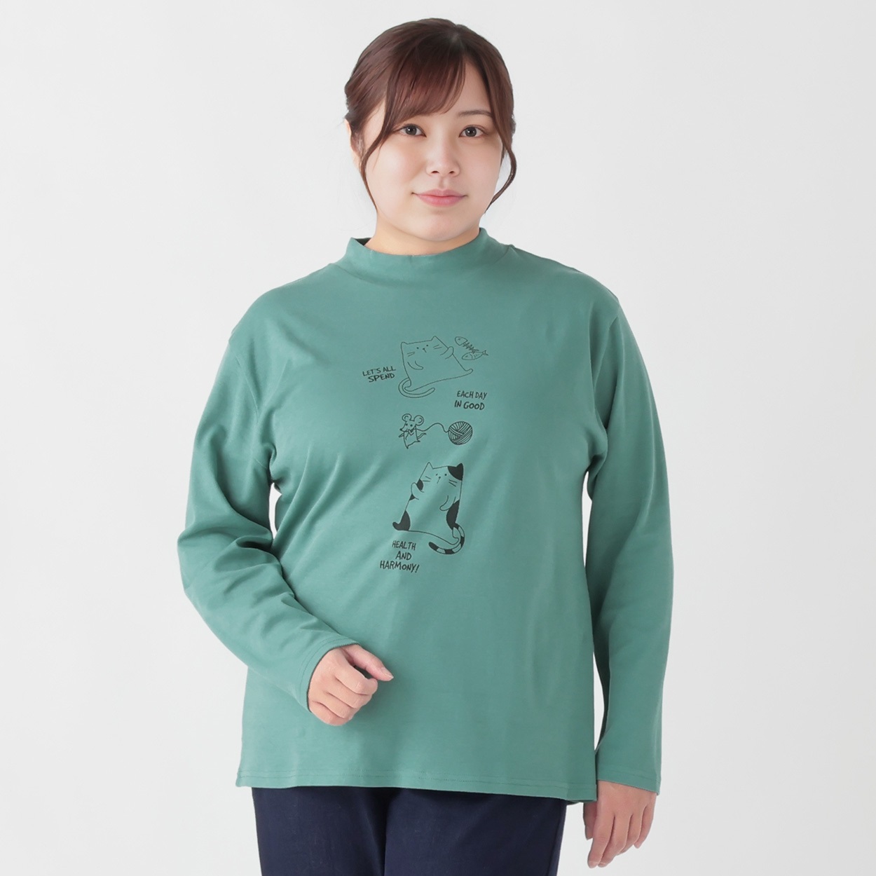 なおたん オーガニックコットン＊ねこプリントハイネックTシャツ レディス