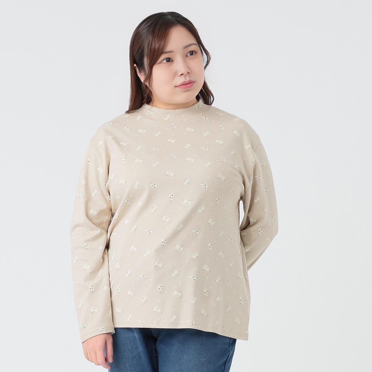 オーガニックコットン＊ハイネック長袖Tシャツ（猫総柄） レディス